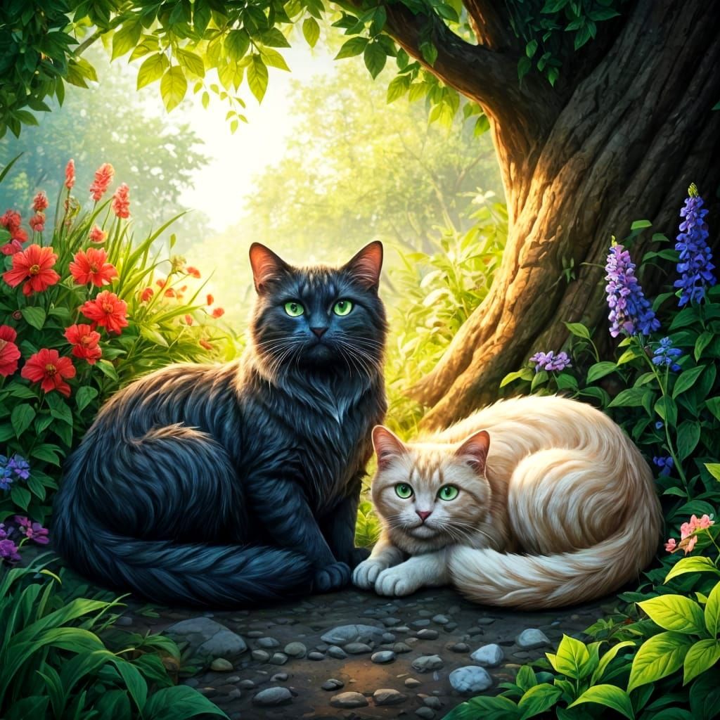 Relaxed Cat Sisters Seek Shade in Whimsical Garden Oasis