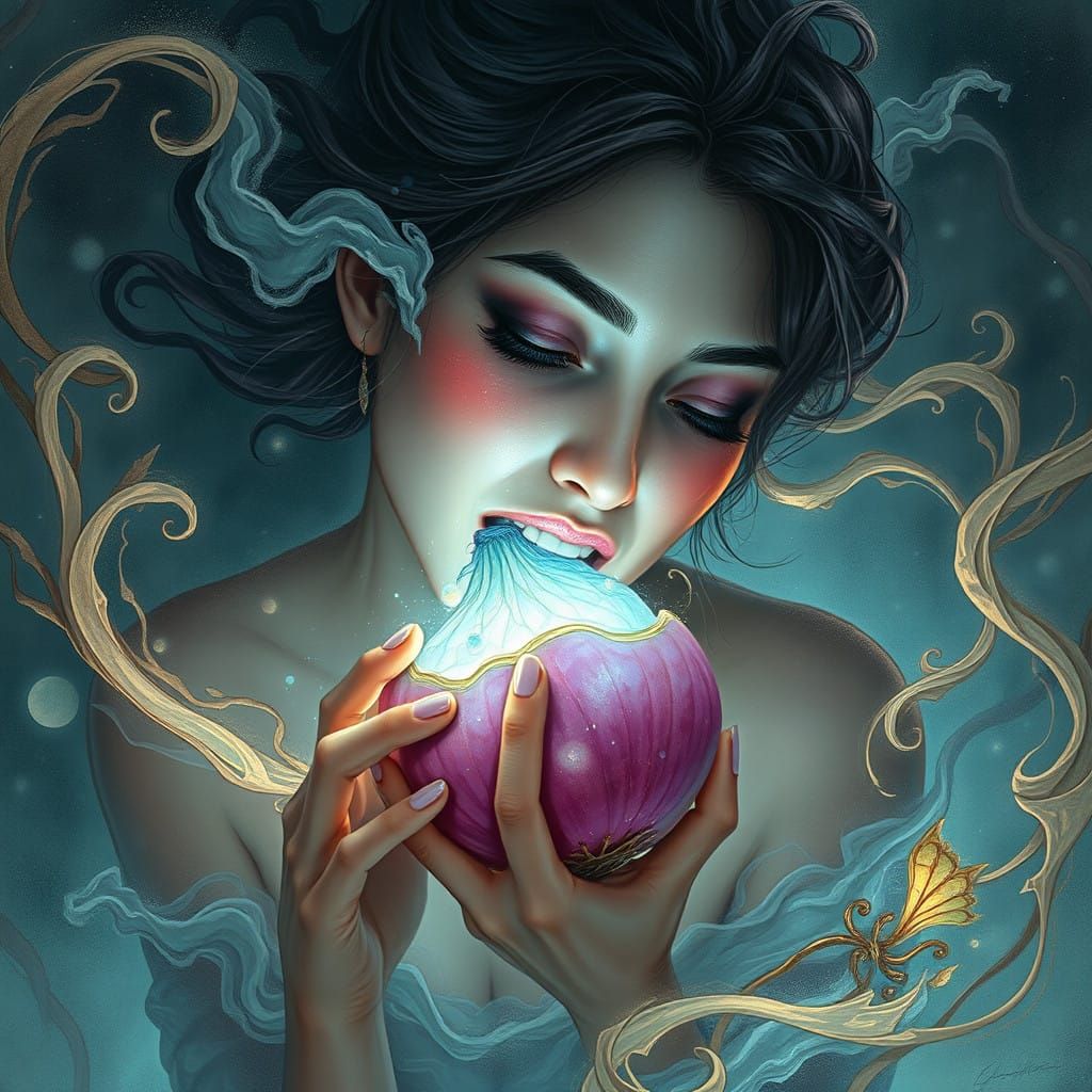 Surreal Dreamscapes: Woman Bites into Glowing Onion in Encha...