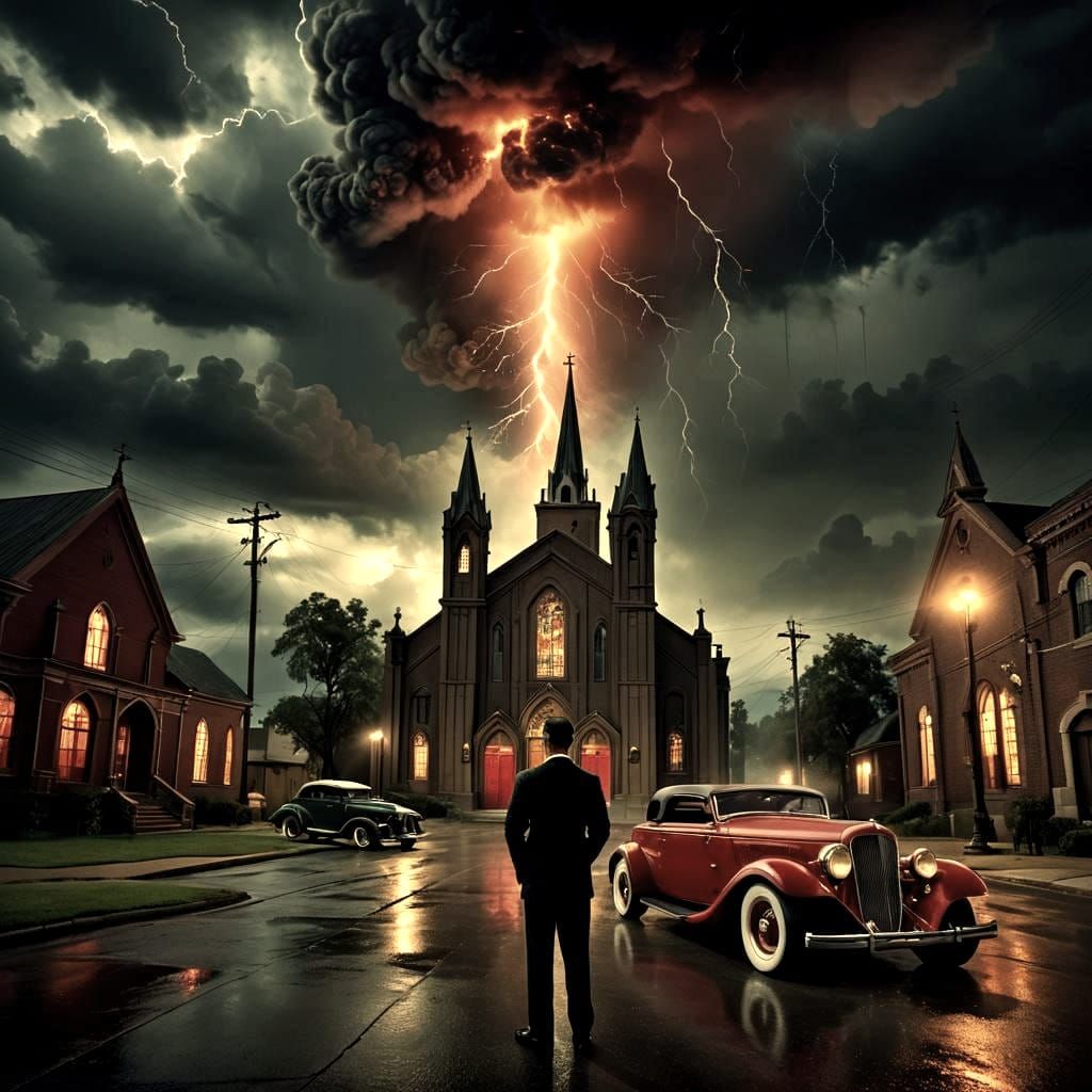 Dramatic Church Scene with Lightning and Hotrod