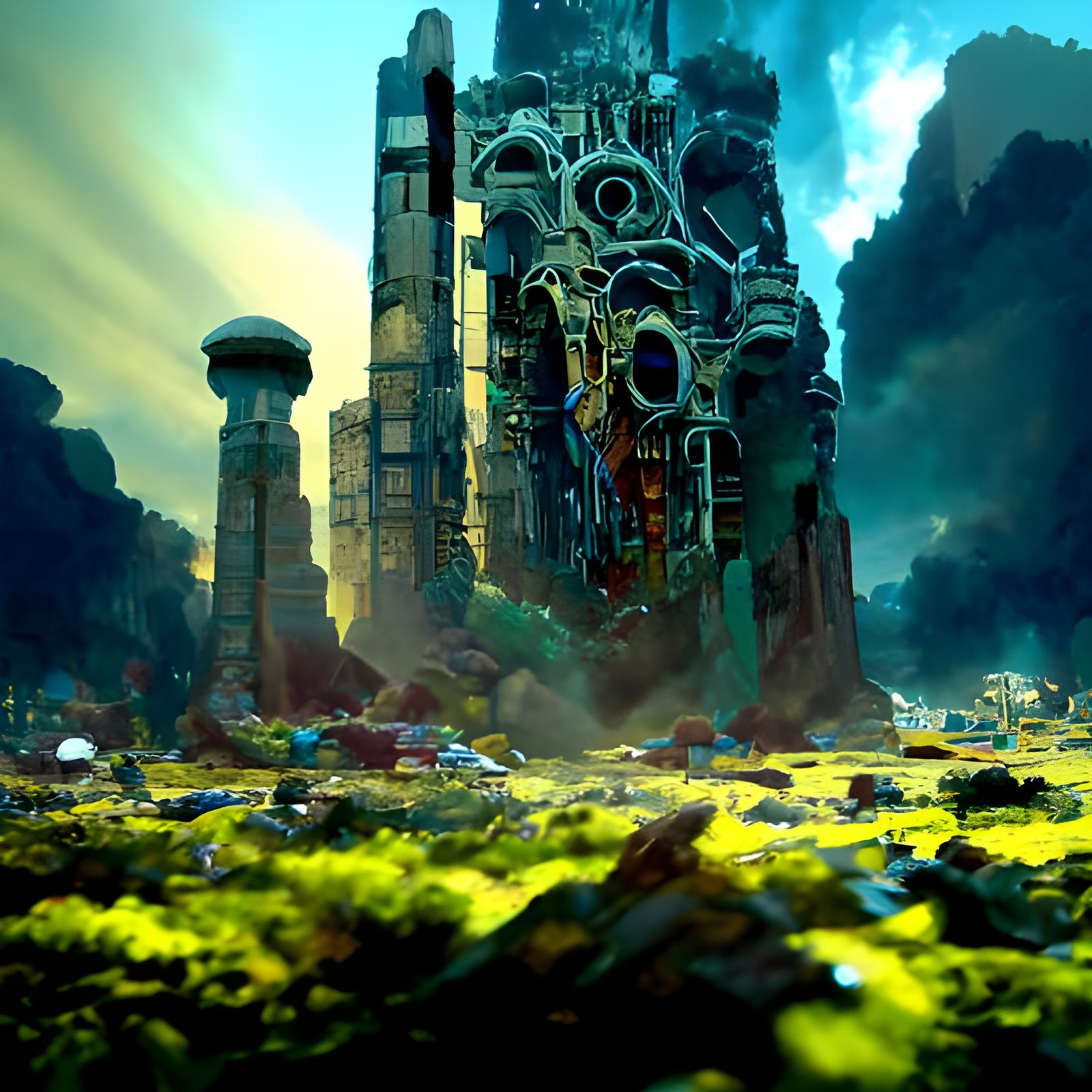 Fantasy Village Ruins in Toxic Extraterrestrial Landscape