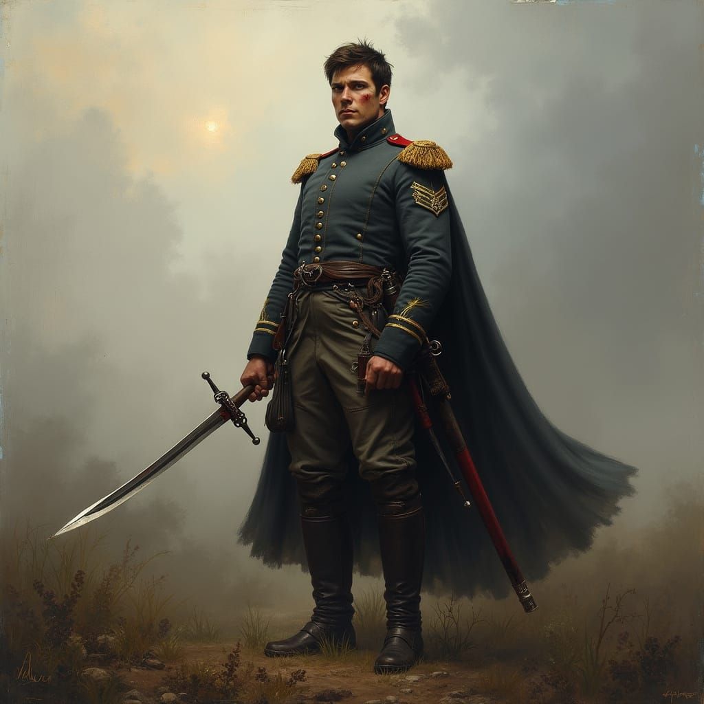 Napoleonic Officer with Sword on Misty Battlefield