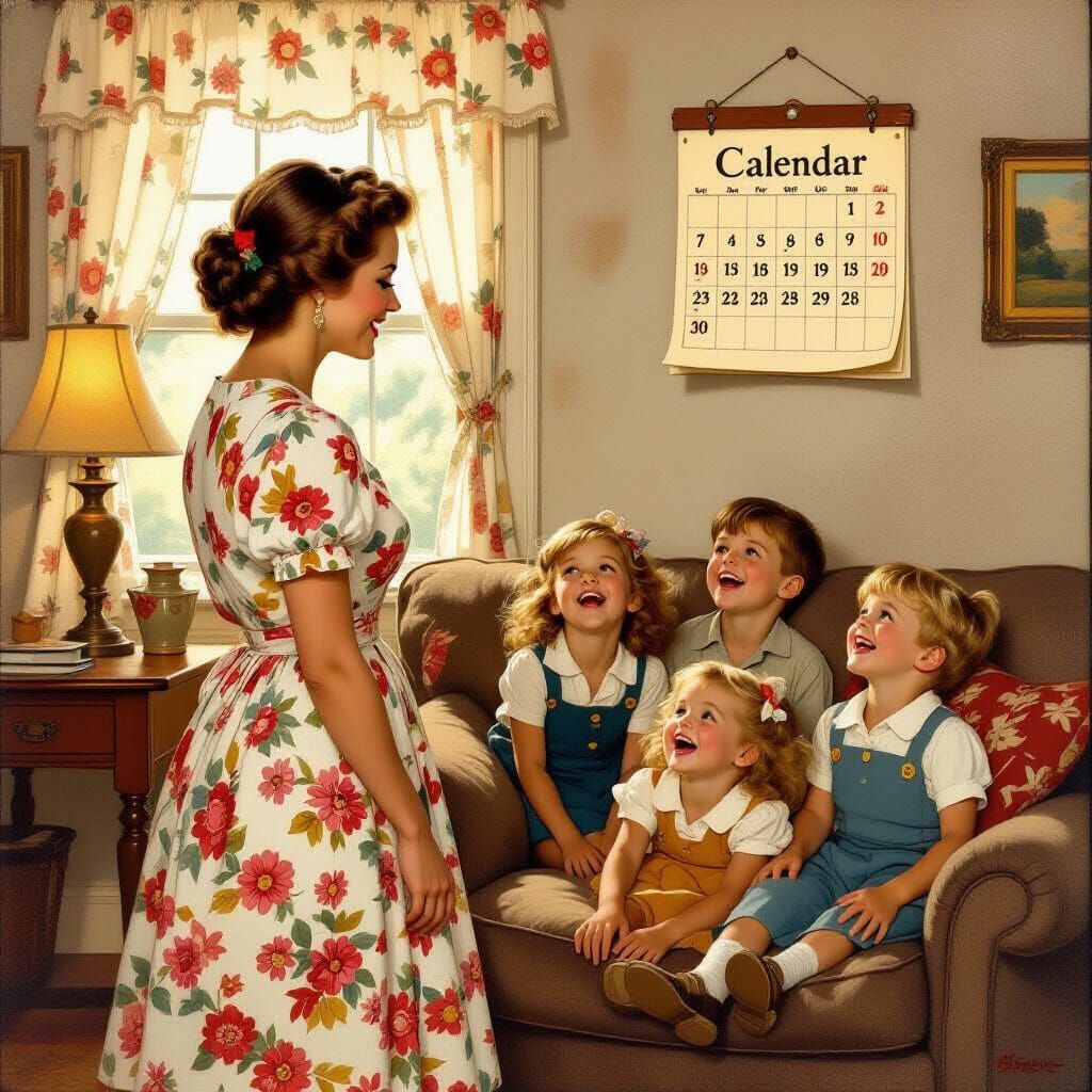Nostalgic Mother with Children, Vintage Americana Style