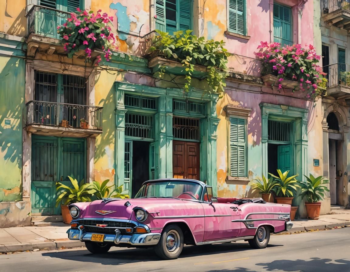 Classic Chevy in Havana: Watercolor Impasto Illustration