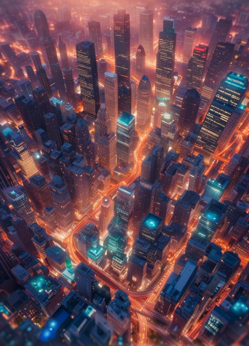 Opalescent Cityscape with Dichroic Light Reflections