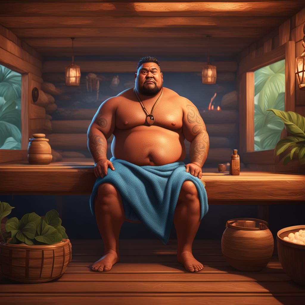 Samoan Man in Sauna: Detailed Fantasy Art