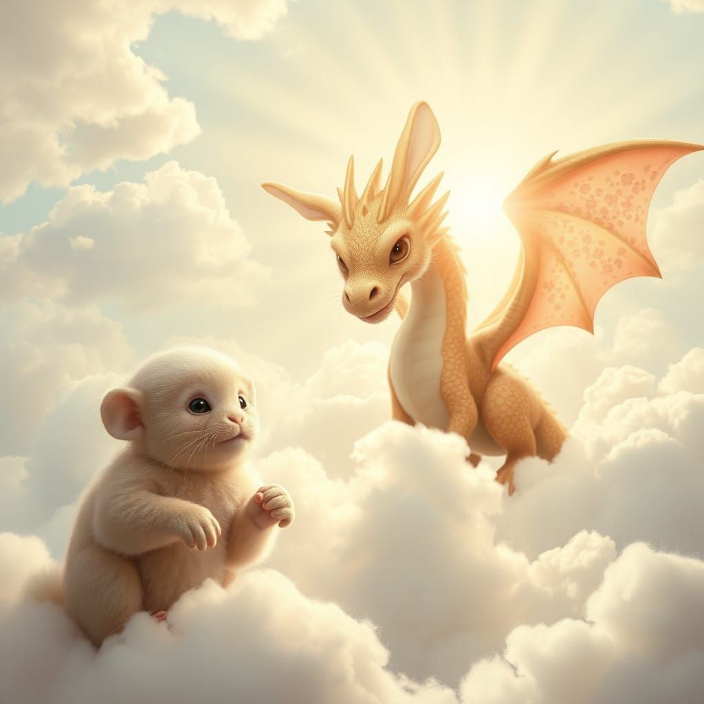Dreamy Whimsy: Bunny Monkey and Dragon Amidst Heavenly Sunsh...