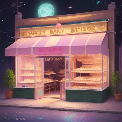 Cosmic Cat Bakery Shop in Pablo Amaringo Style