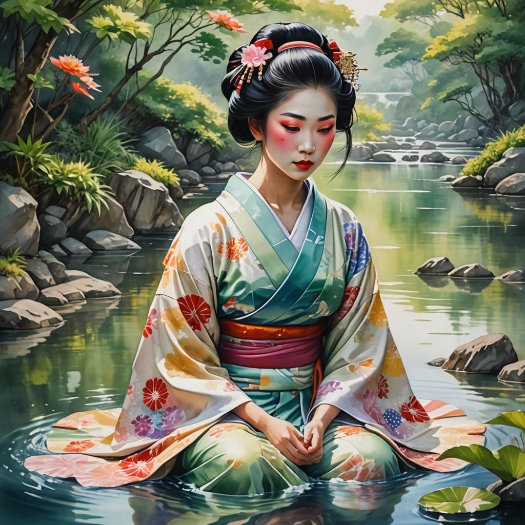 Serene Japanese Geisha Surrounded by Healing Energy in Vibra...