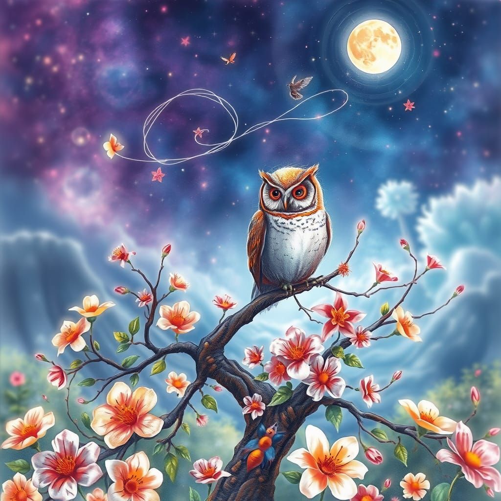 Whimsical Owl on Enchanted Tree Under Starlight Moon