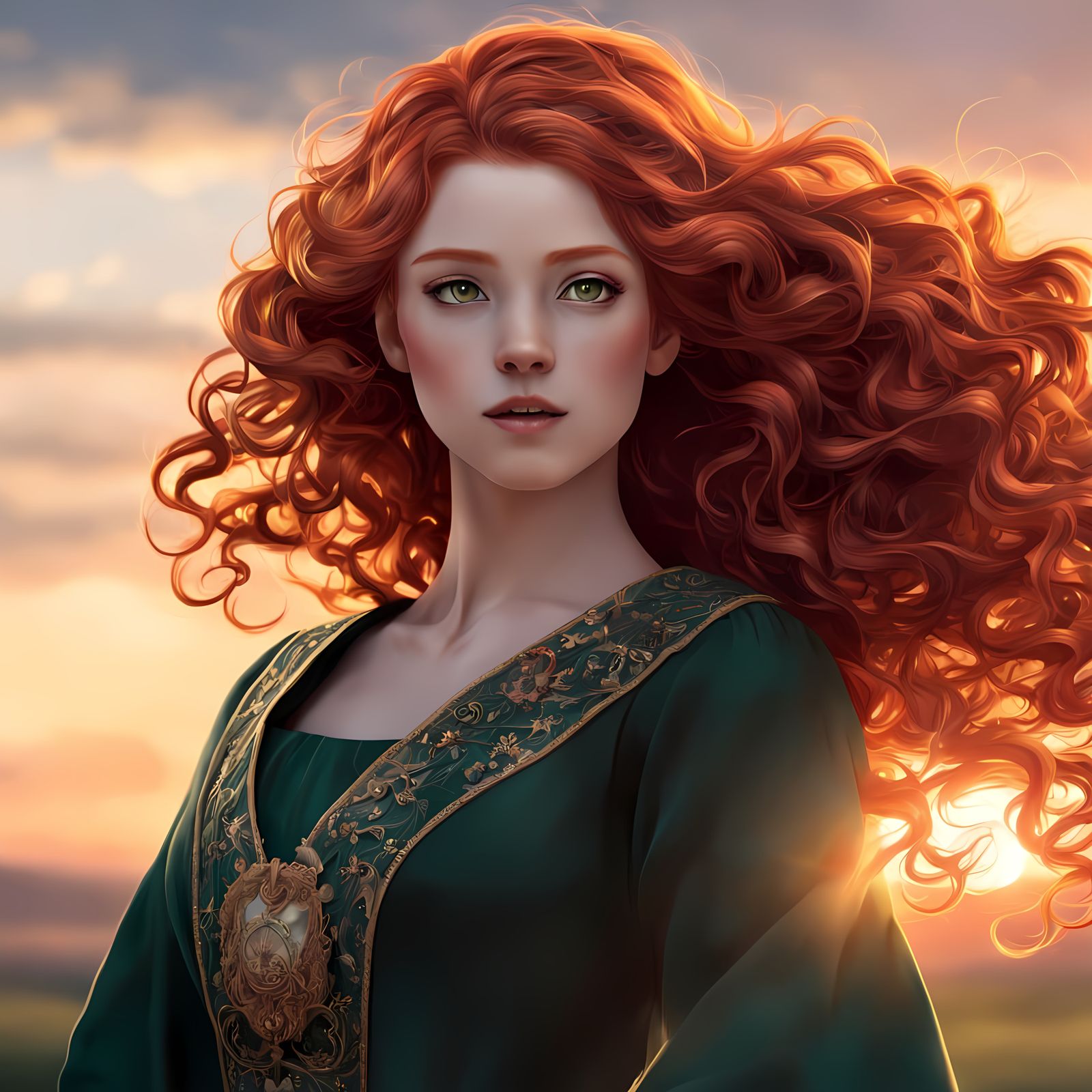 Majestic Red-Haired Anime Woman Glows in Sunset