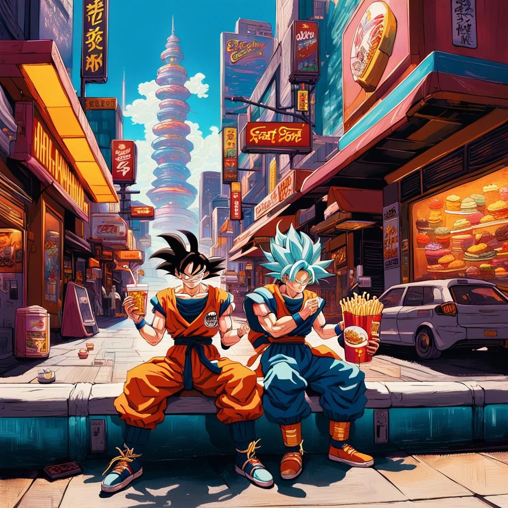 Goku and Whis Savor a Fast Food Feast in a Vibrant Cityscape