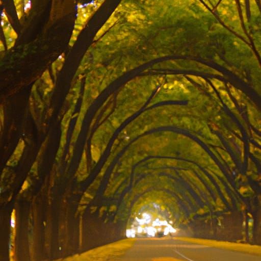 A long shot of a large tree tunnel made out of gold and old trees. A canopy of trees that are woven in the sky at sunset...
