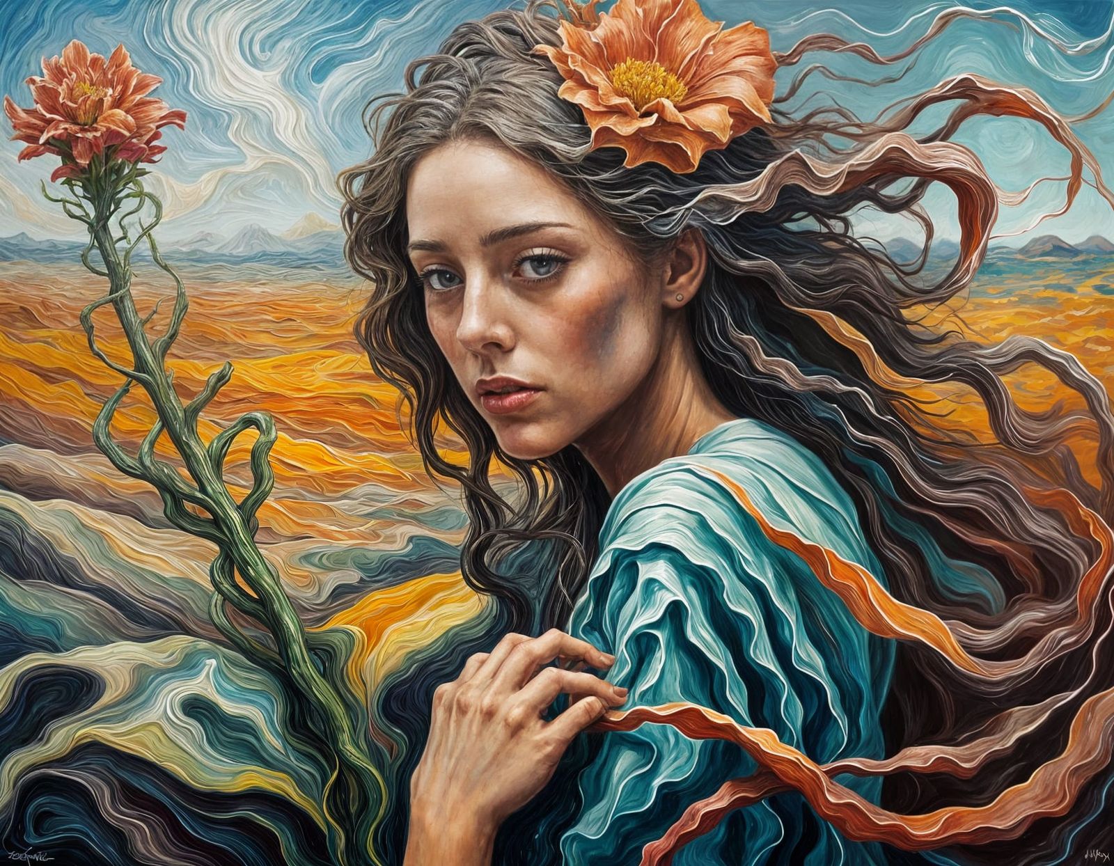 Woman Clinging to Flower in Oil Painting