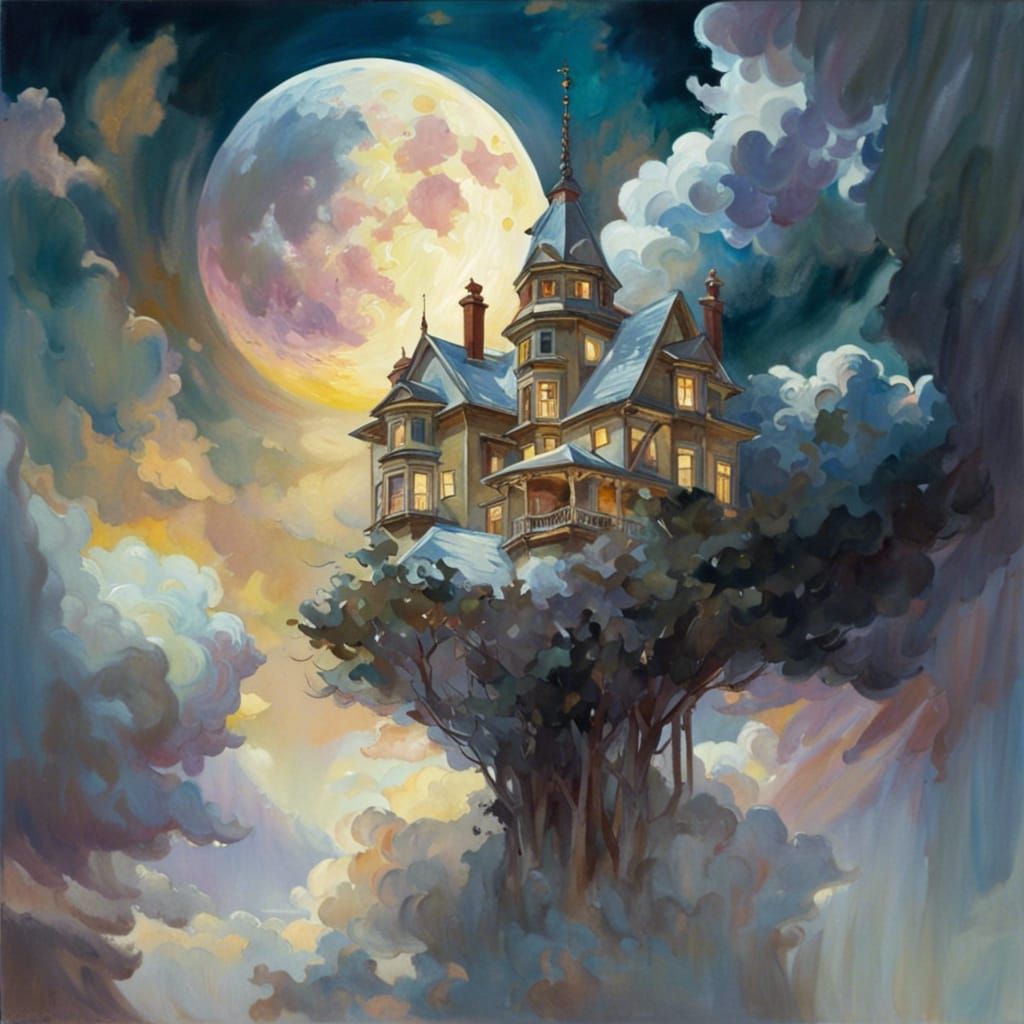Watercolor Mega-House Under Moon in Supernatural Clouds