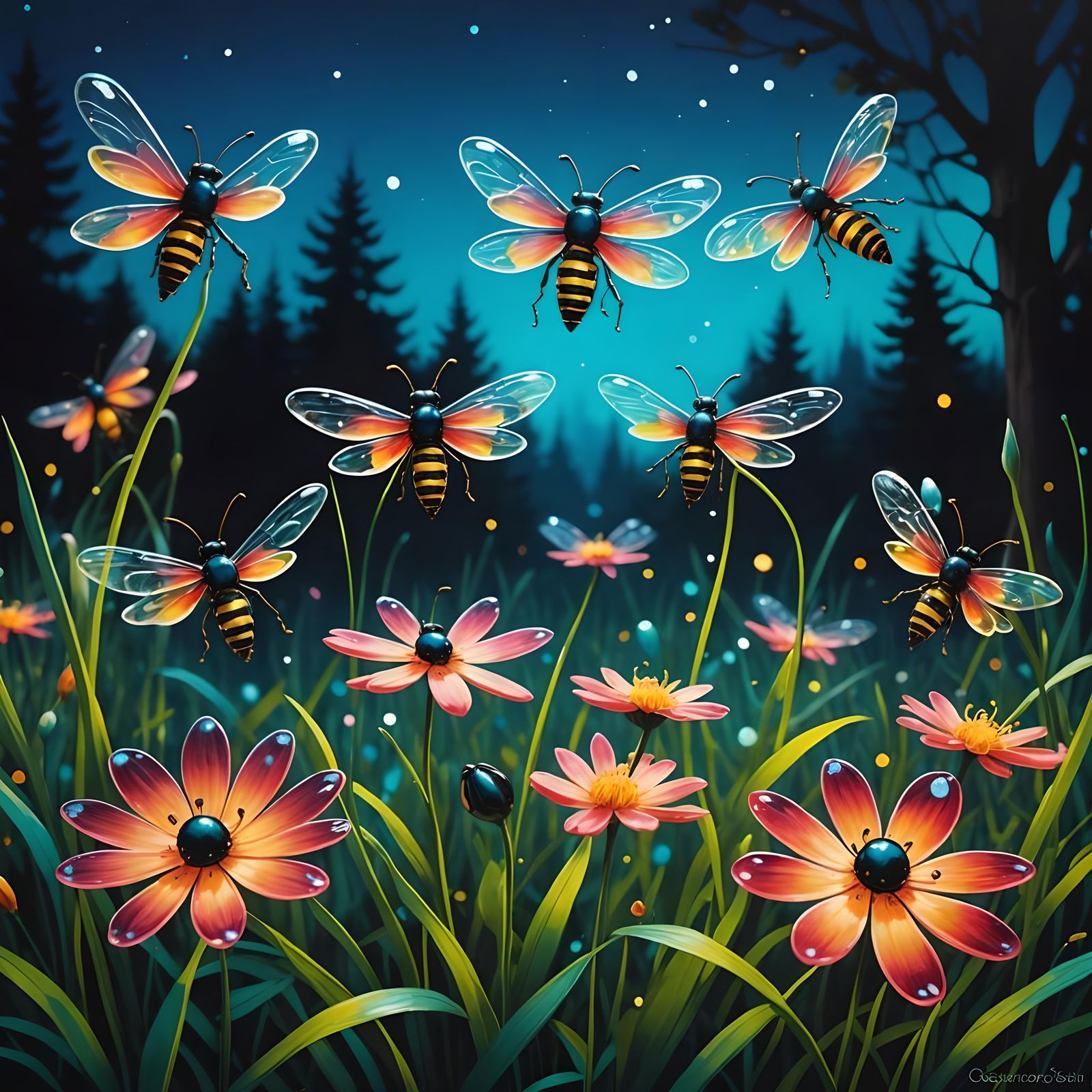 Glass Fireflies over Flower Meadow in Graffiti Art Style