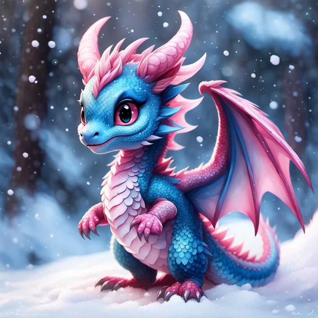 Chibi Dragon Playing in Snow, Digital Art