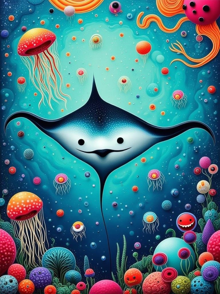 Vibrant Folk-Art Quilt with Whimsical Oceanic Scene