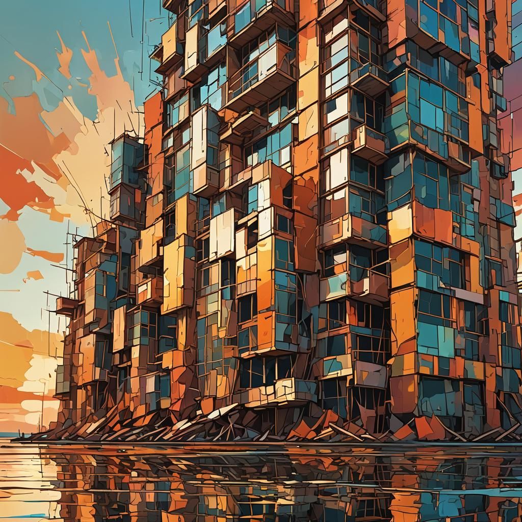 Abstract Sunset Skyscraper in Digital Art Style