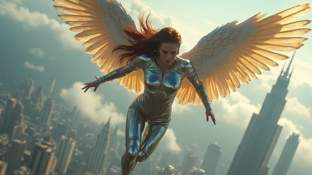 Chrome Superheroine Soars Above Futuristic Metropolis