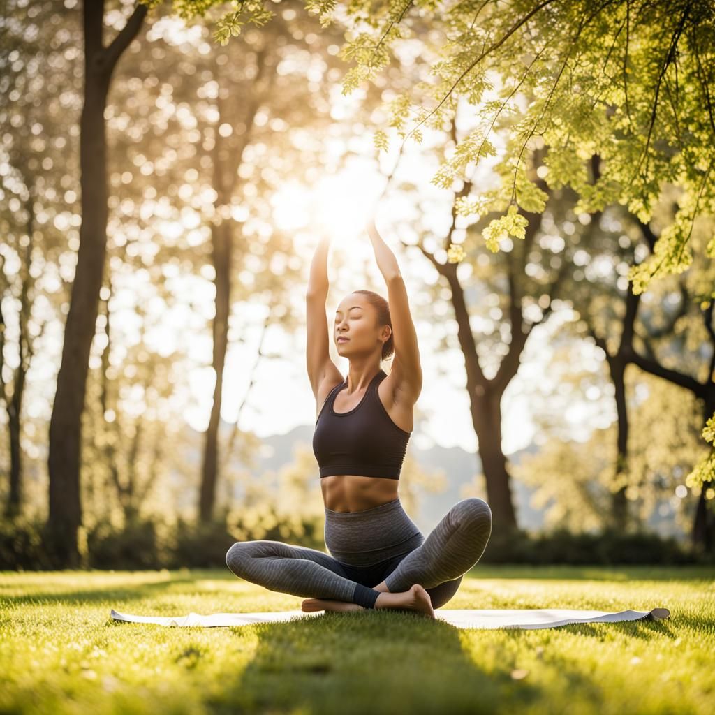 Woman Practicing Yoga Tree Pose on Spring Lawn