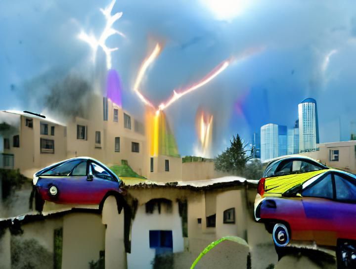 Cityscape Ablaze: Lightning Strikes and Rainbow Light