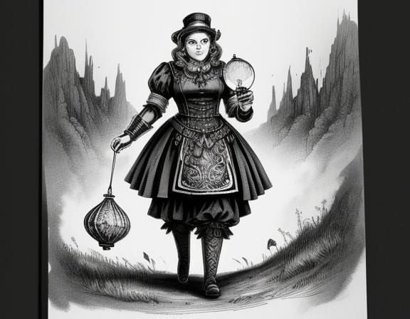 Steampunk Dwarf with Balloon in Grayscale Sketch Style