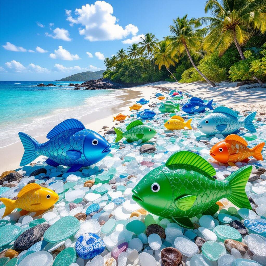 Sea Glass Beach with Sculptural Fish and Creatures