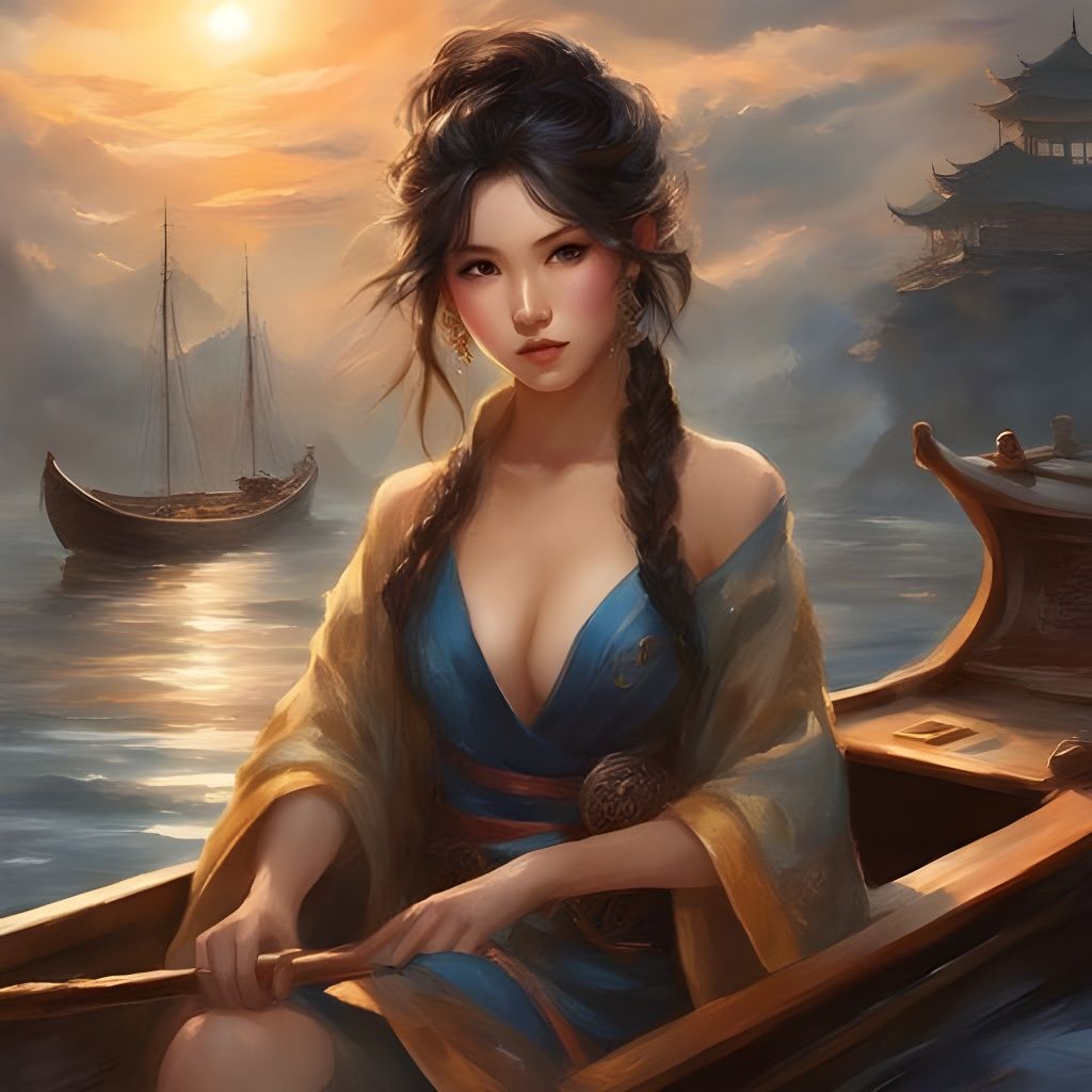 Beautiful Japanese Girl Portrait in Stormy Sea