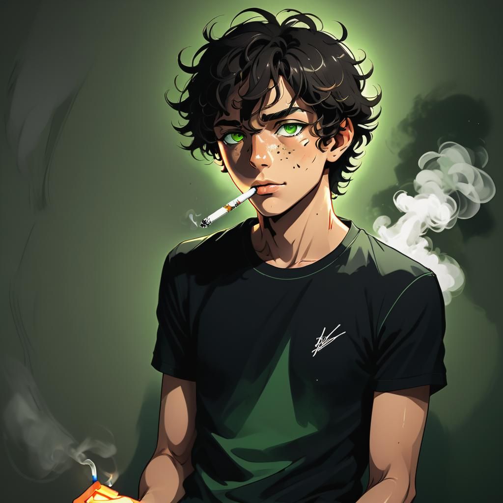 Chiseled Anime Hero Exhales Cigarette Smoke in Dimly Lit Roo...