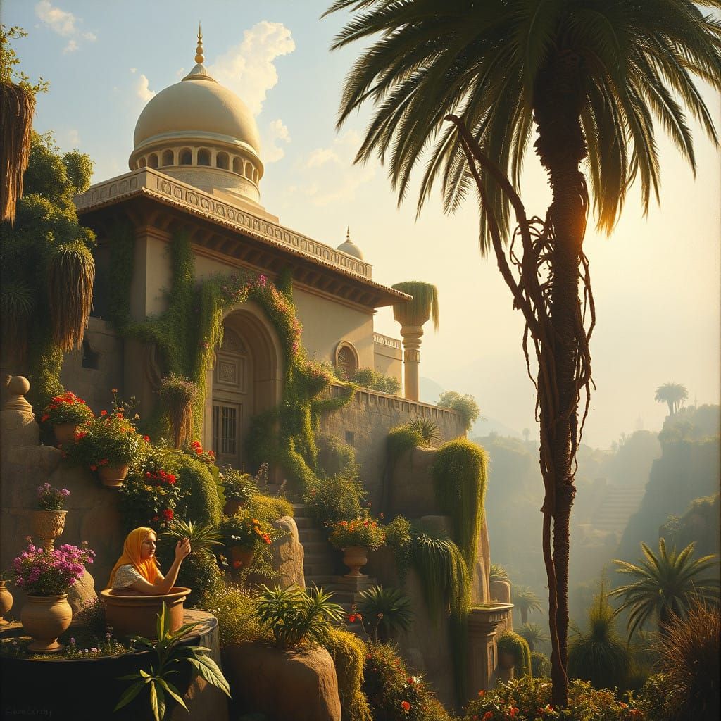 Babylon's Hanging Gardens Shine in Morning Light as Oil Pain...