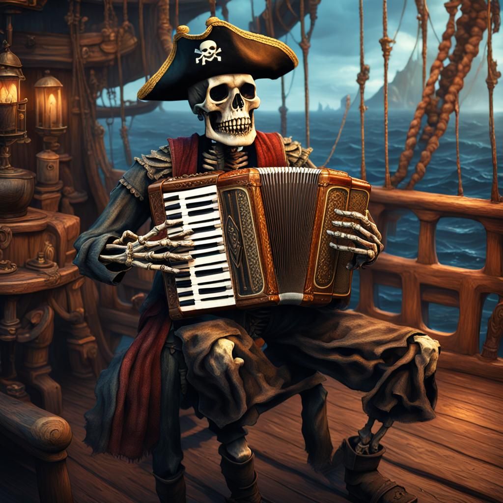 Pirate skeleton playing accordion on a ship.