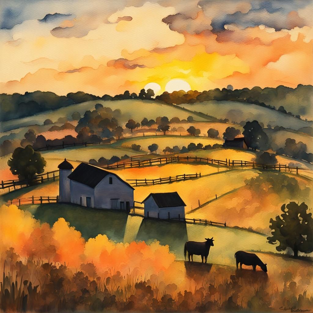 Golden Hour Farm Landscape in Gouache Style