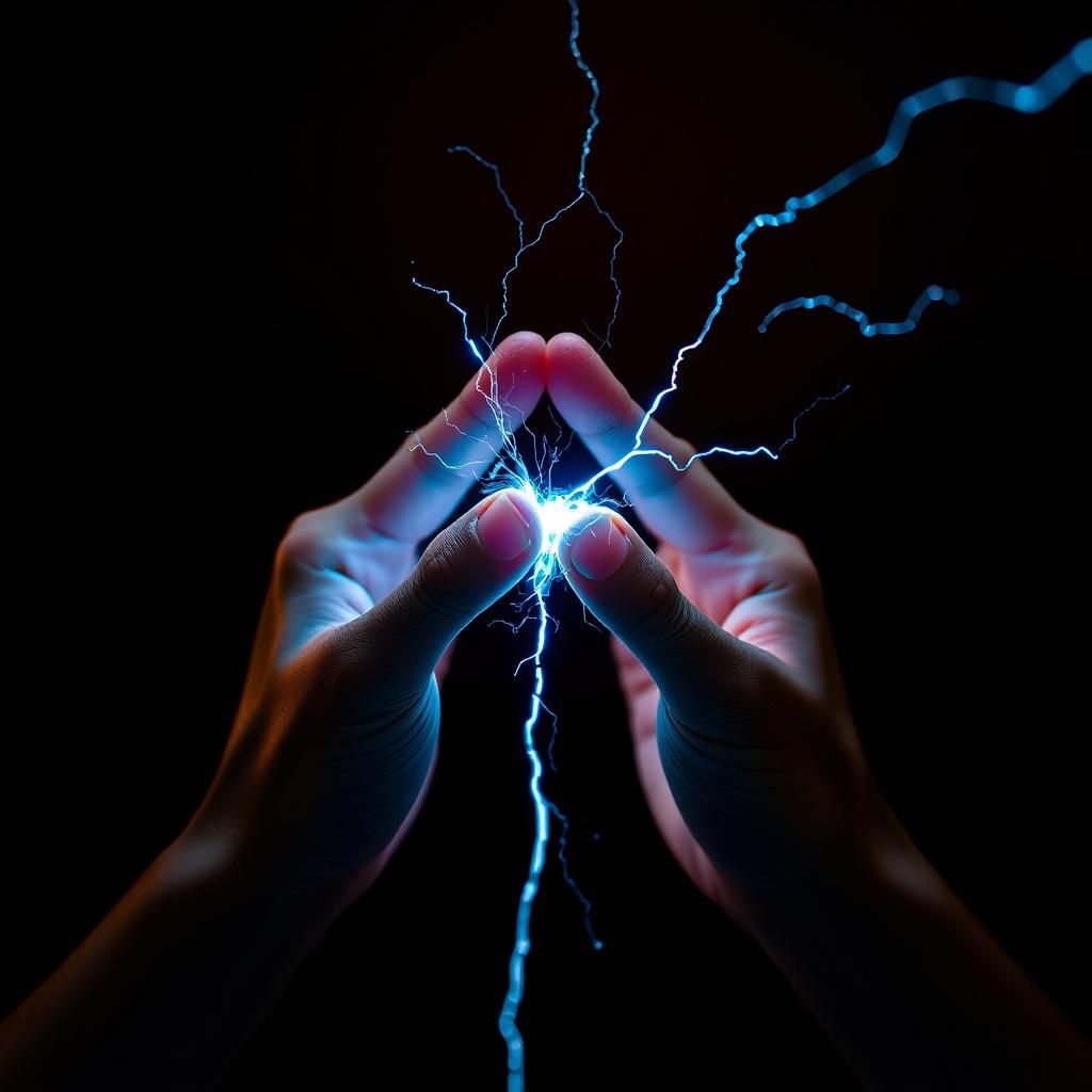 Electric Touch: Hands Converge in Sci-Fi Energy Field