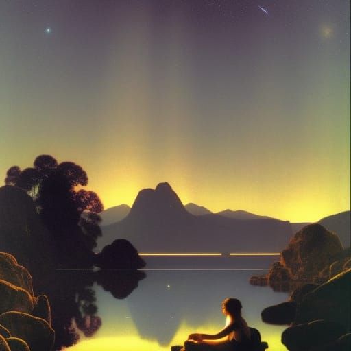 Starry Night Camping: Matte Painting by Mountain Lake