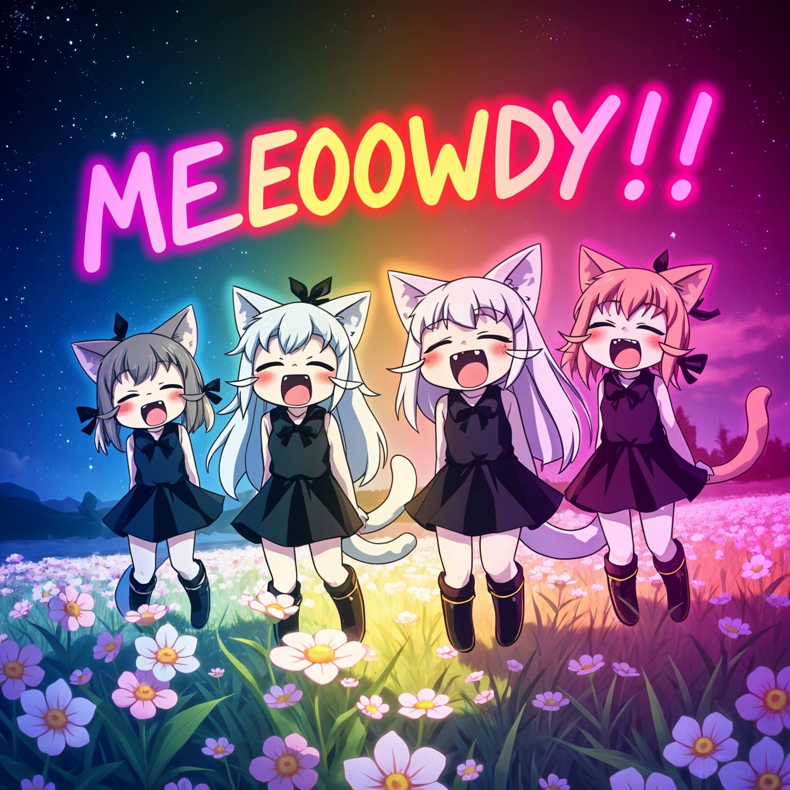 Anime Catgirls Shout in Synthwave Flowery Field