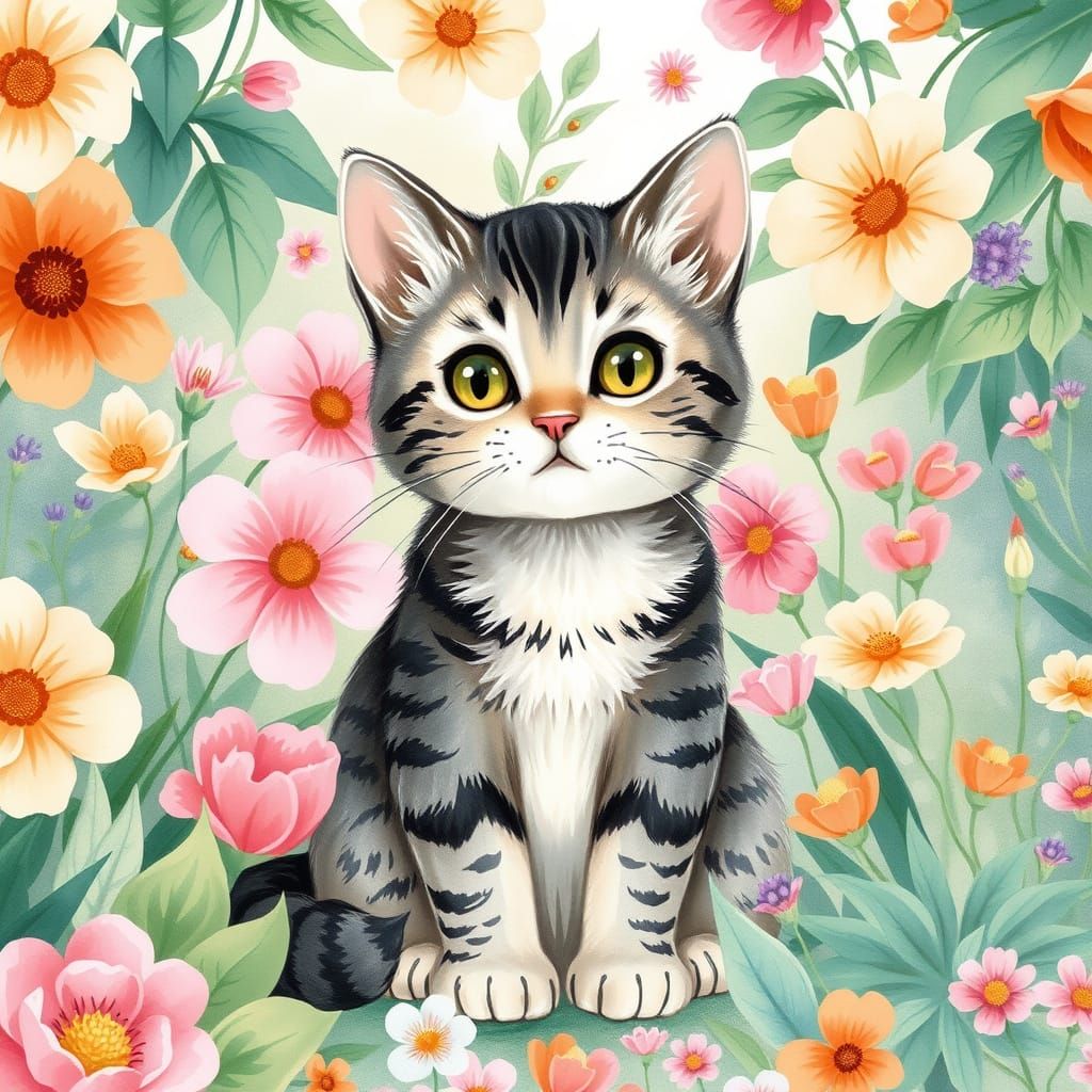 Cat in Floral Garden, Watercolour Illustration