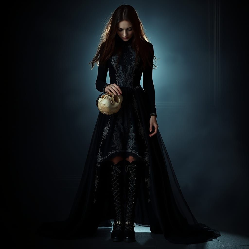 Gothic Woman with Skull in Dark Room