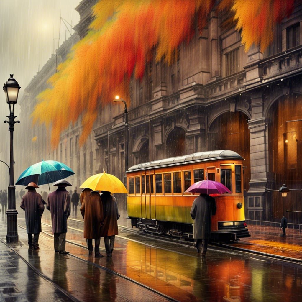 City Workers Await Tram in Rainy Classical Setting