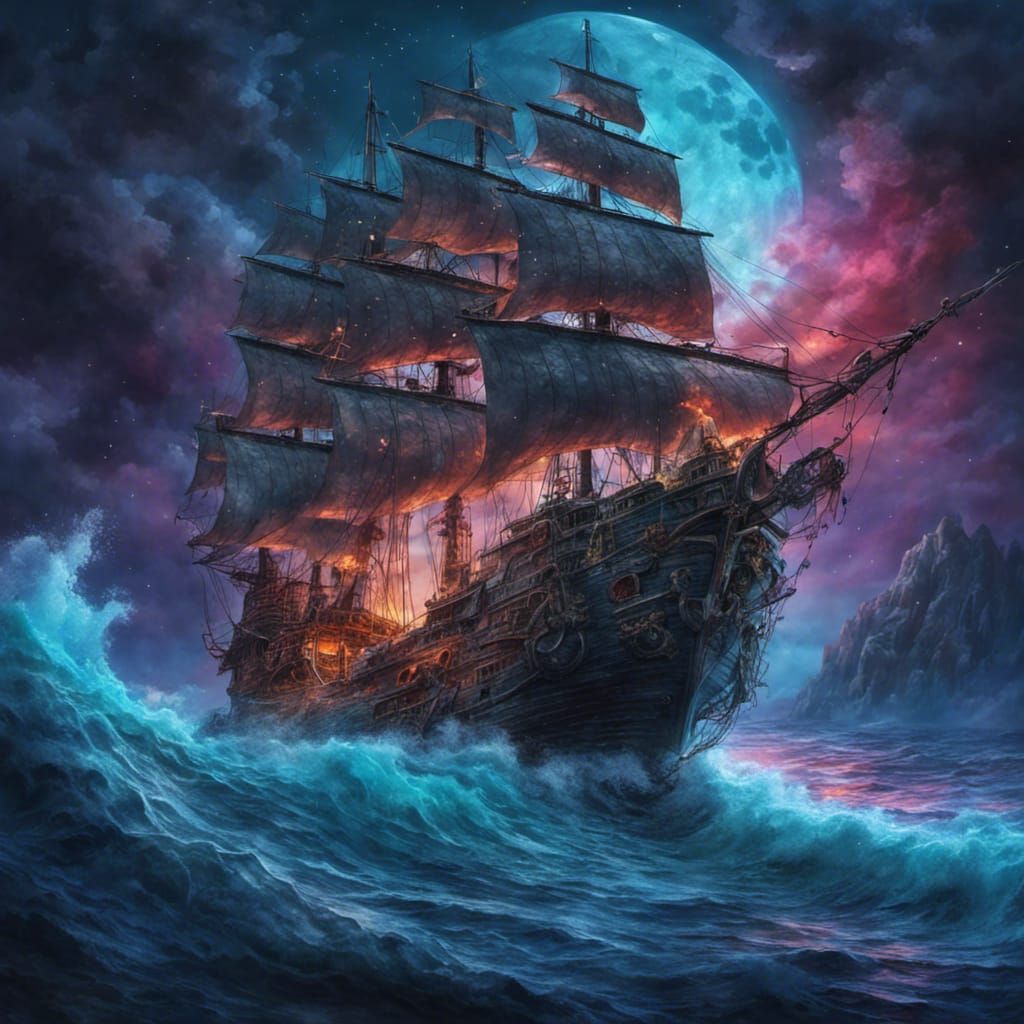 Mystical Pirate Ship Sailing Under a Cosmic Moon