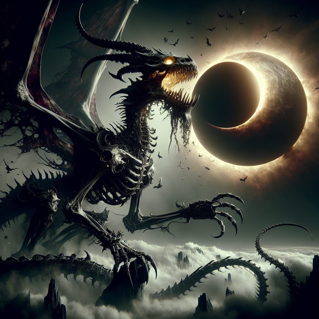 Epic Skeletal Dragon in Dark Fantasy Landscape