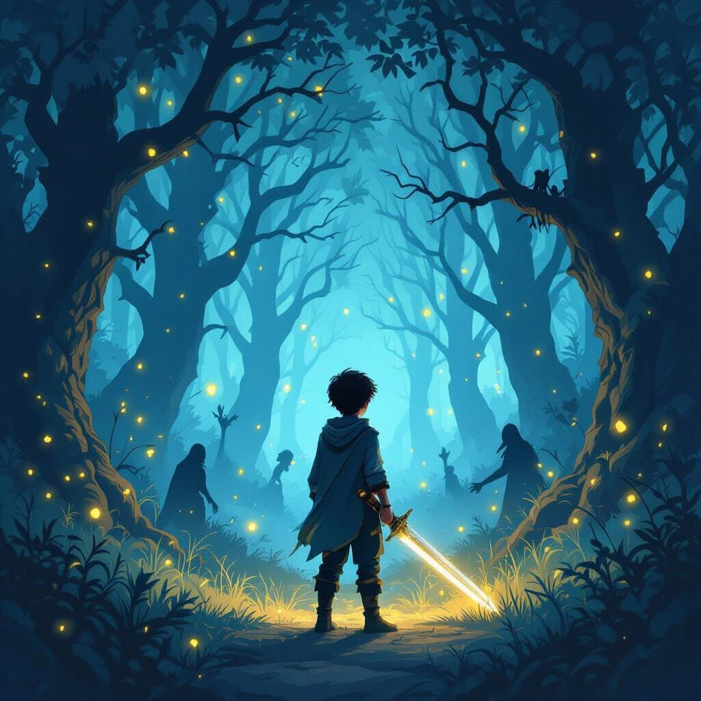 Enchanted Forest Battle: Boy with Sword and Fireflies