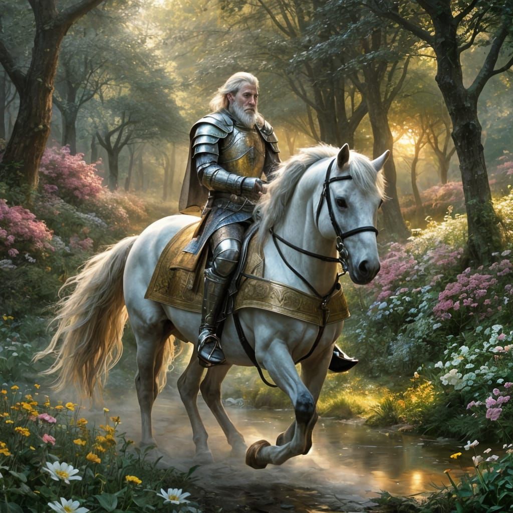 Medieval Knight Rides Through Ethereal Fantasy Forest