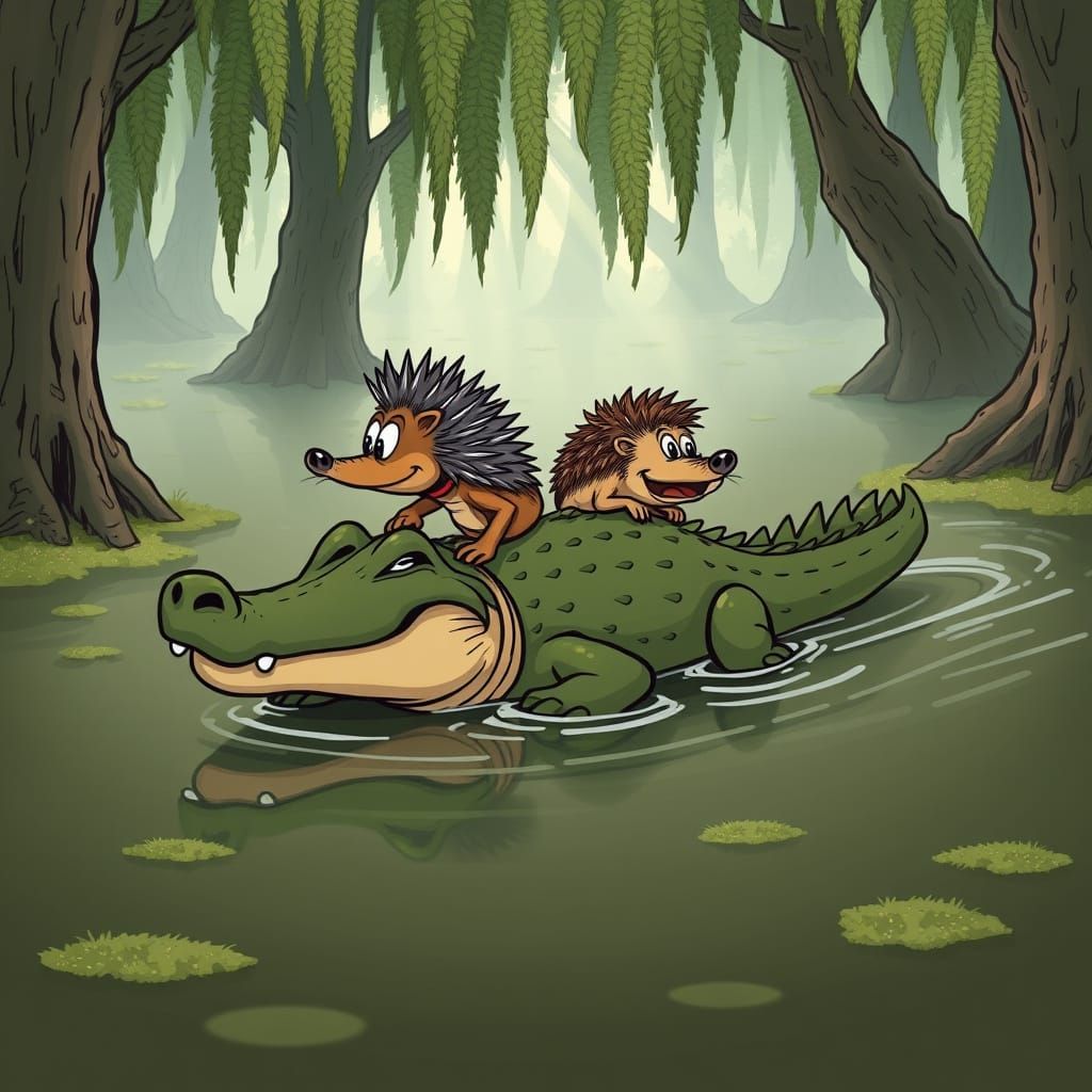 Cartoon Alligator Offers Gentle Ride to Curious Hedgehog in ...