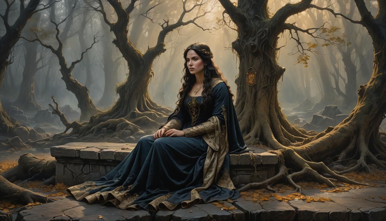 Medieval Woman in Forest, Oil Painting