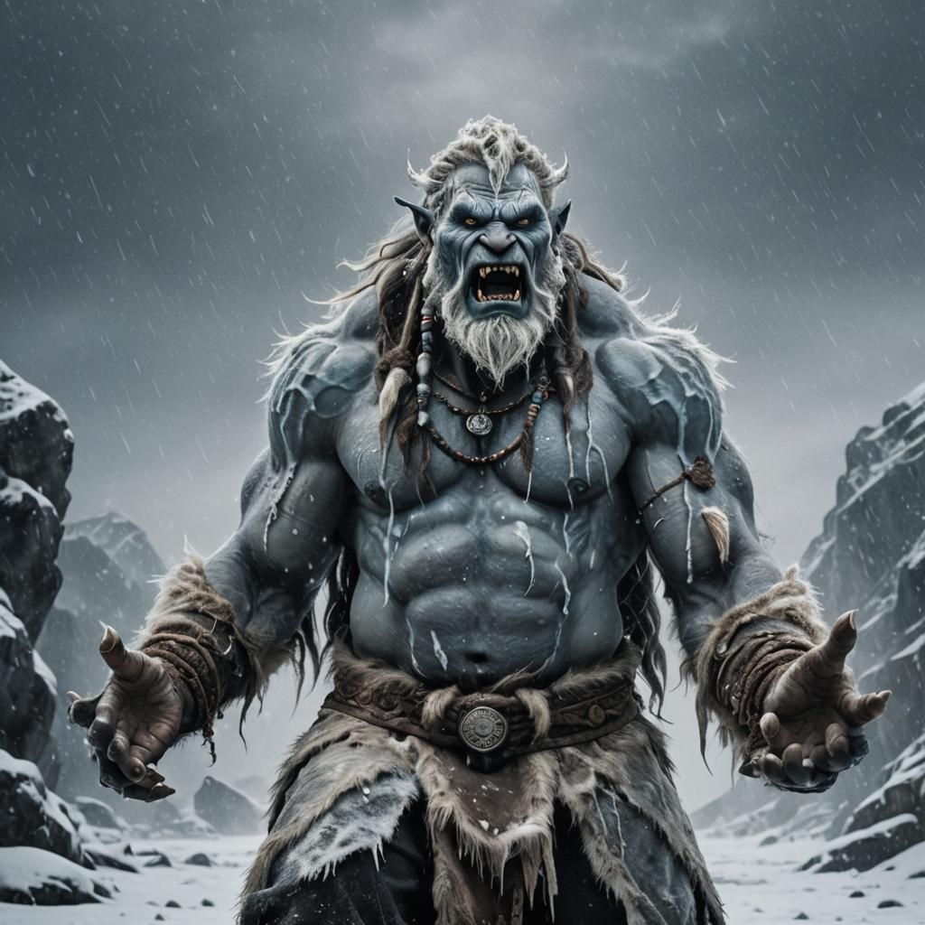 Ice Troll Shaman in Snowstorm: Cinematic Photography