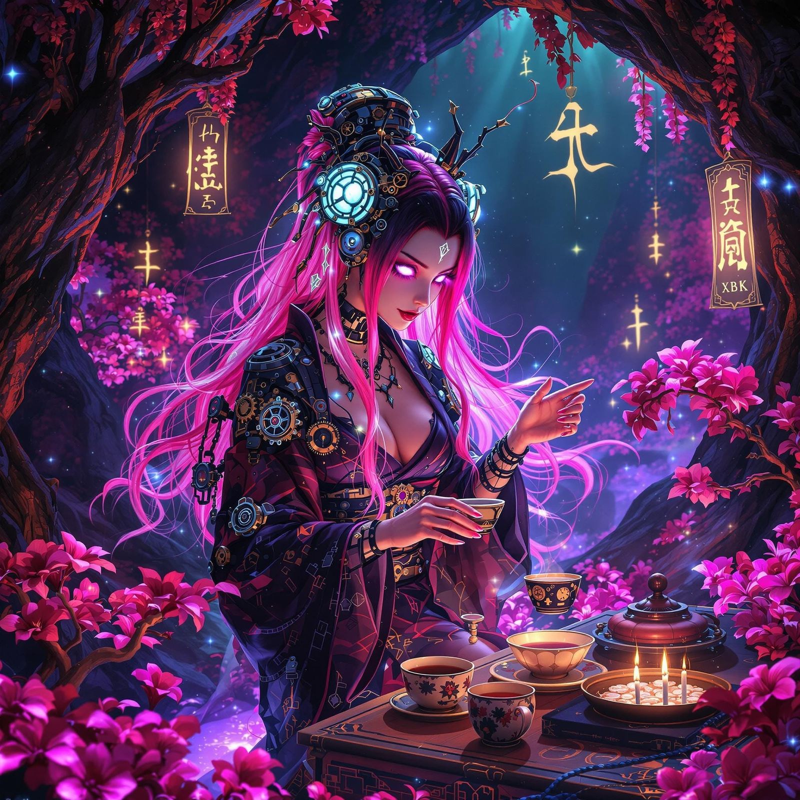 Gothic Cyborg Geisha in Bioluminescent Cave, Digital Art