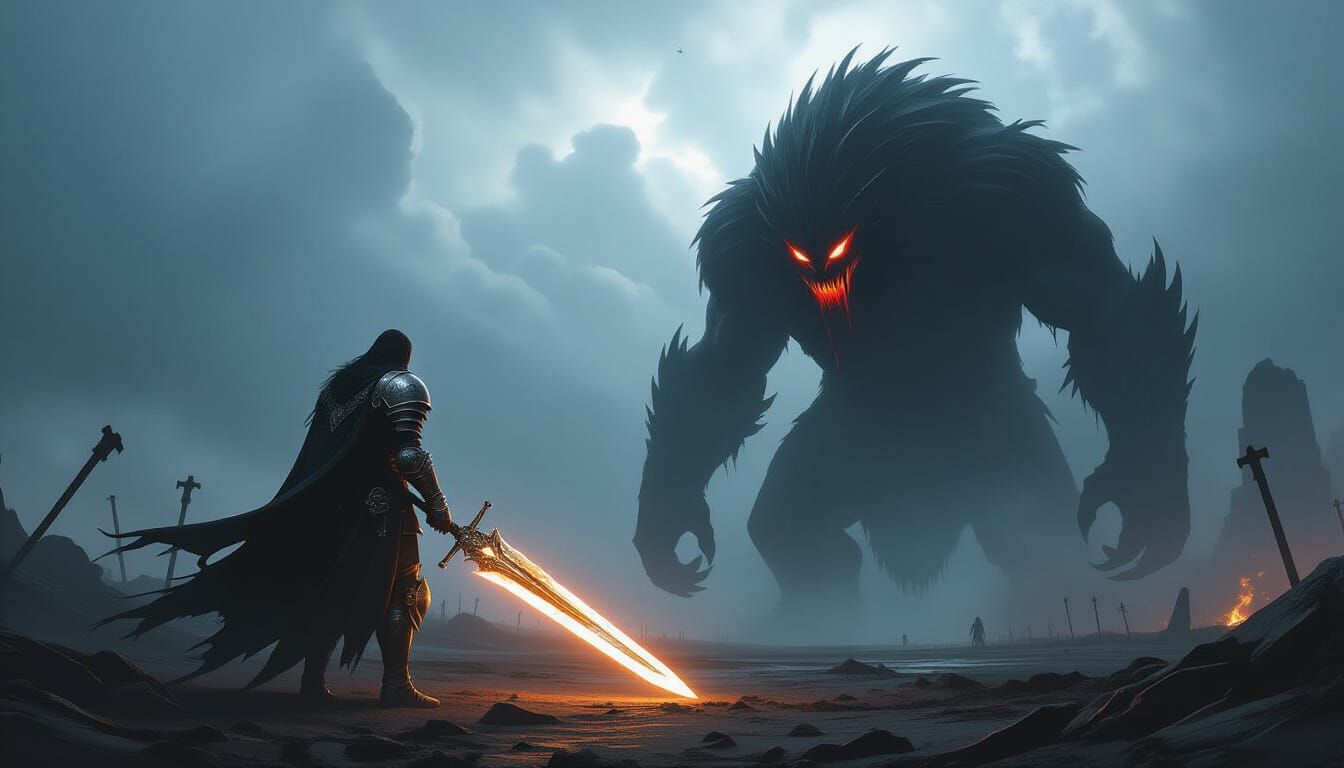 Epic Dark Fantasy Knight Battles Shadow Beast