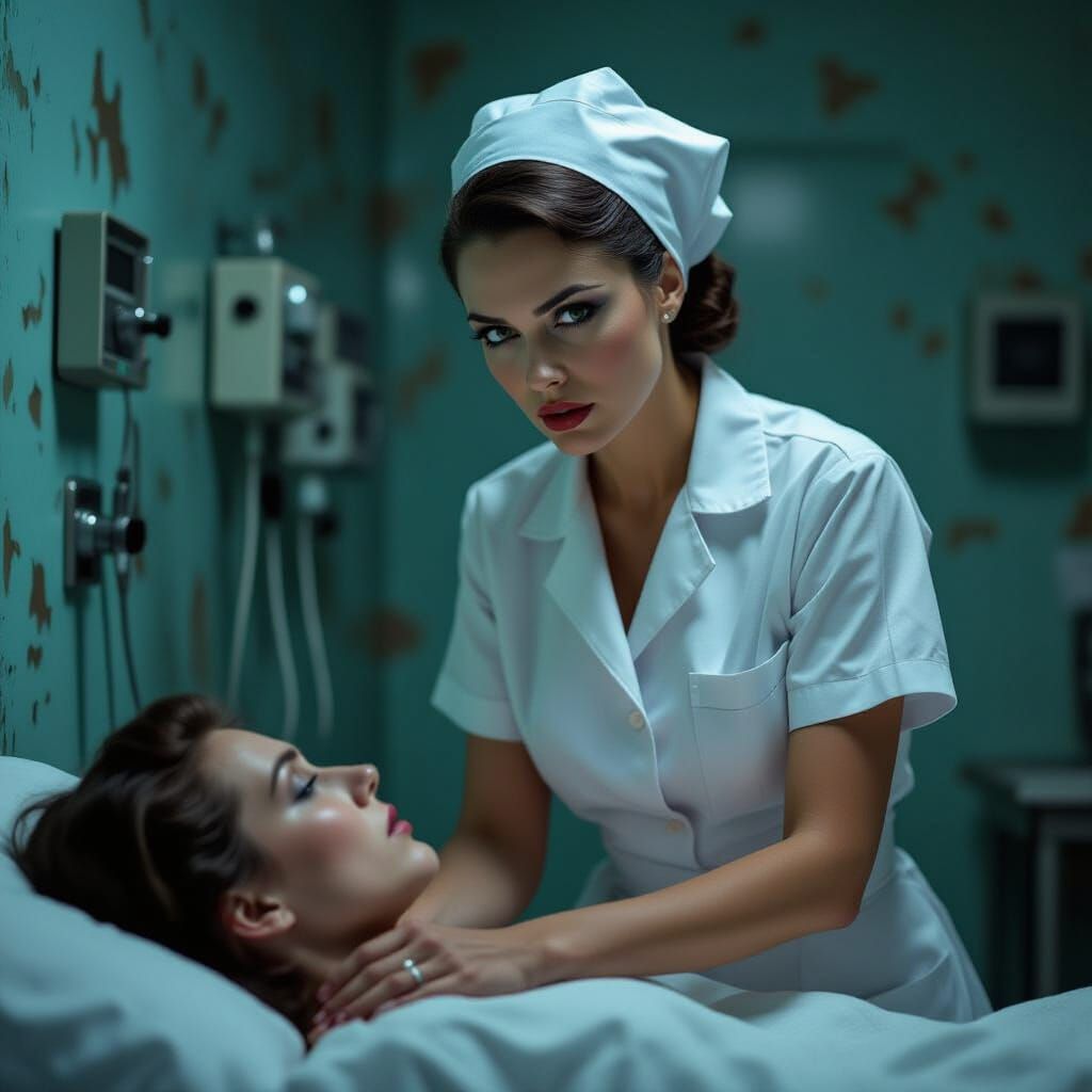 Menacing Nurse in Dimly Lit Clinic