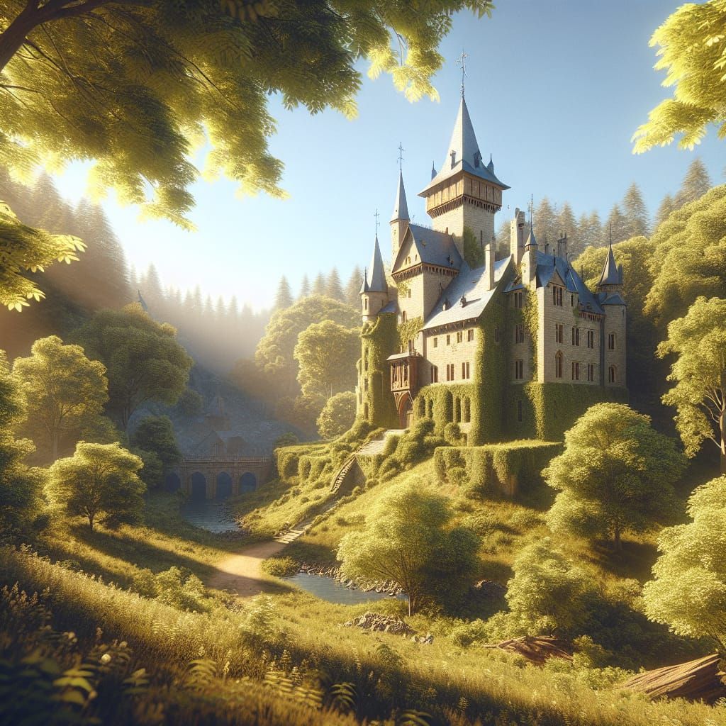 Medieval Castle in Sun-Drenched Forest as Oil Painting