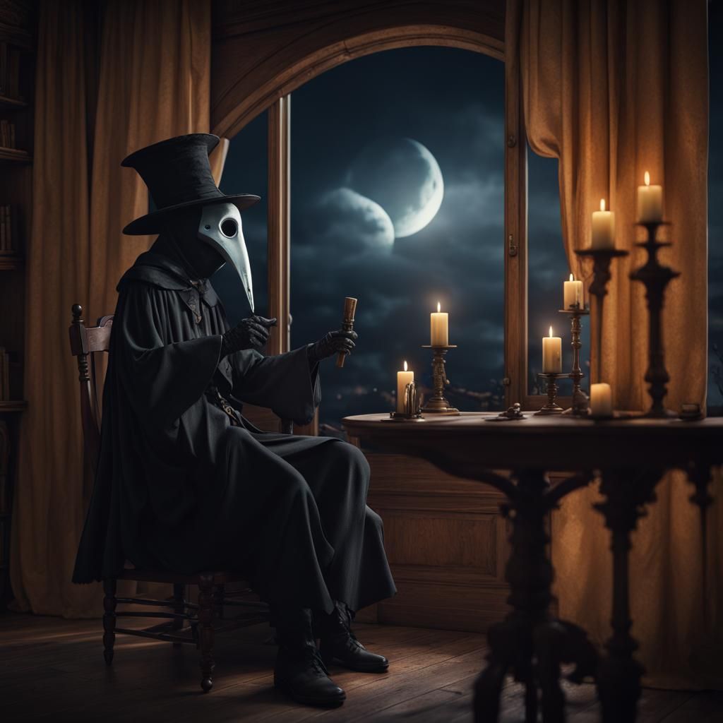 Plague Doctor Contemplates Moon, Detailed Fantasy Art